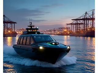 Embarcação de patrulha autônoma monitorando um porto