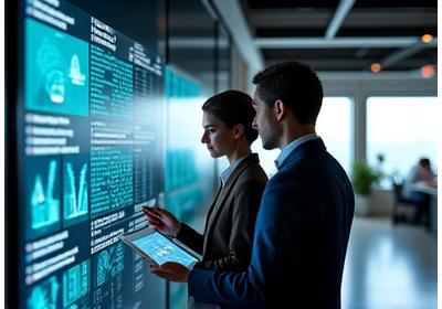 Dois profissionais de tecnologia discutindo um projeto em um tablet