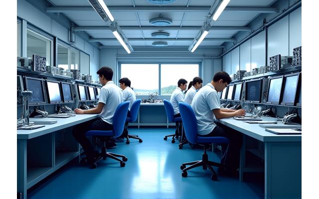 Laboratório equipado com diferentes tipos de sonares e fish finders em bancadas, com estudantes interagindo