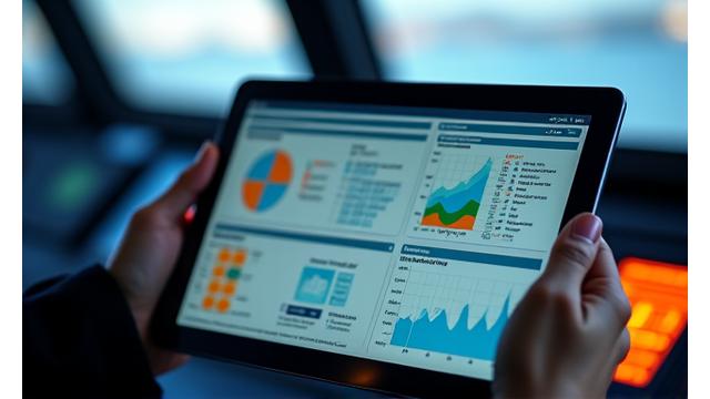 Tabela digital em um tablet mostrando gráficos de gestão de dados de pesca