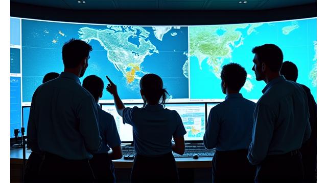 Instrutor demonstrando uso de um ECDIS moderno para uma tripulação