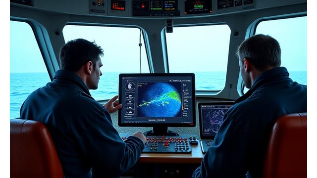 Pescadores operando um avançado sistema de sonar em um barco de pesca moderno