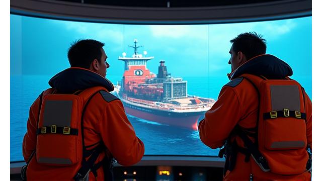 Tripulantes praticando resgate em simulador de emergência marítima