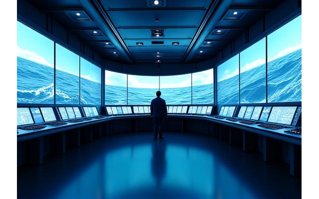 Simulador de ponte de comando moderno com múltiplas telas e controlos realistas