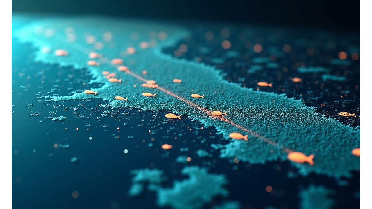 Visualização 3D de modelos de machine learning para previsão pesqueira, com gráficos de curvas de precisão e exemplos de predição de biomassa.