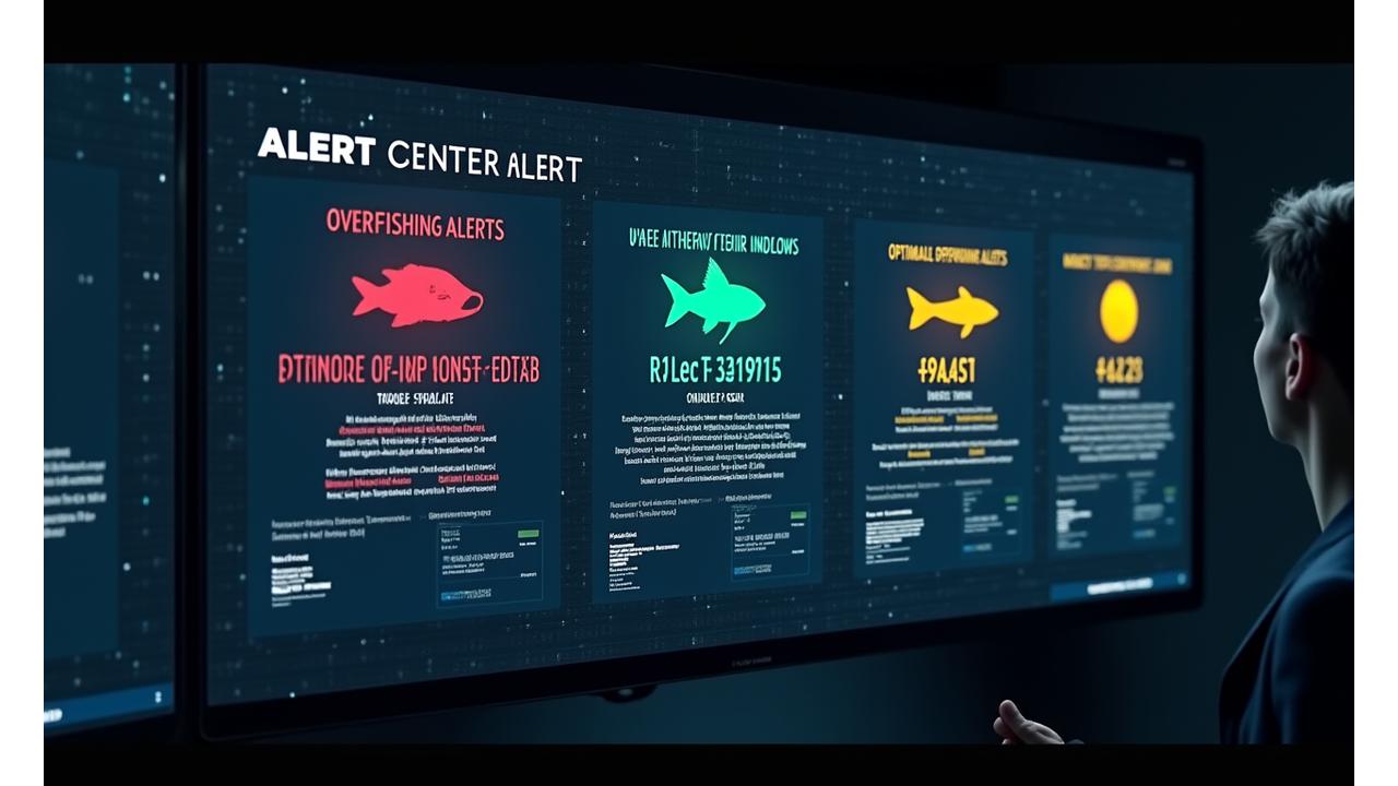 Painel de controle com diferentes tipos de alertas categorizados por prioridade (verde, amarelo, vermelho) e gráficos de tendência para cada alerta.