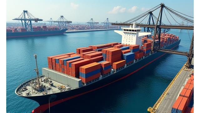 Vista aérea de um porto com alta atividade