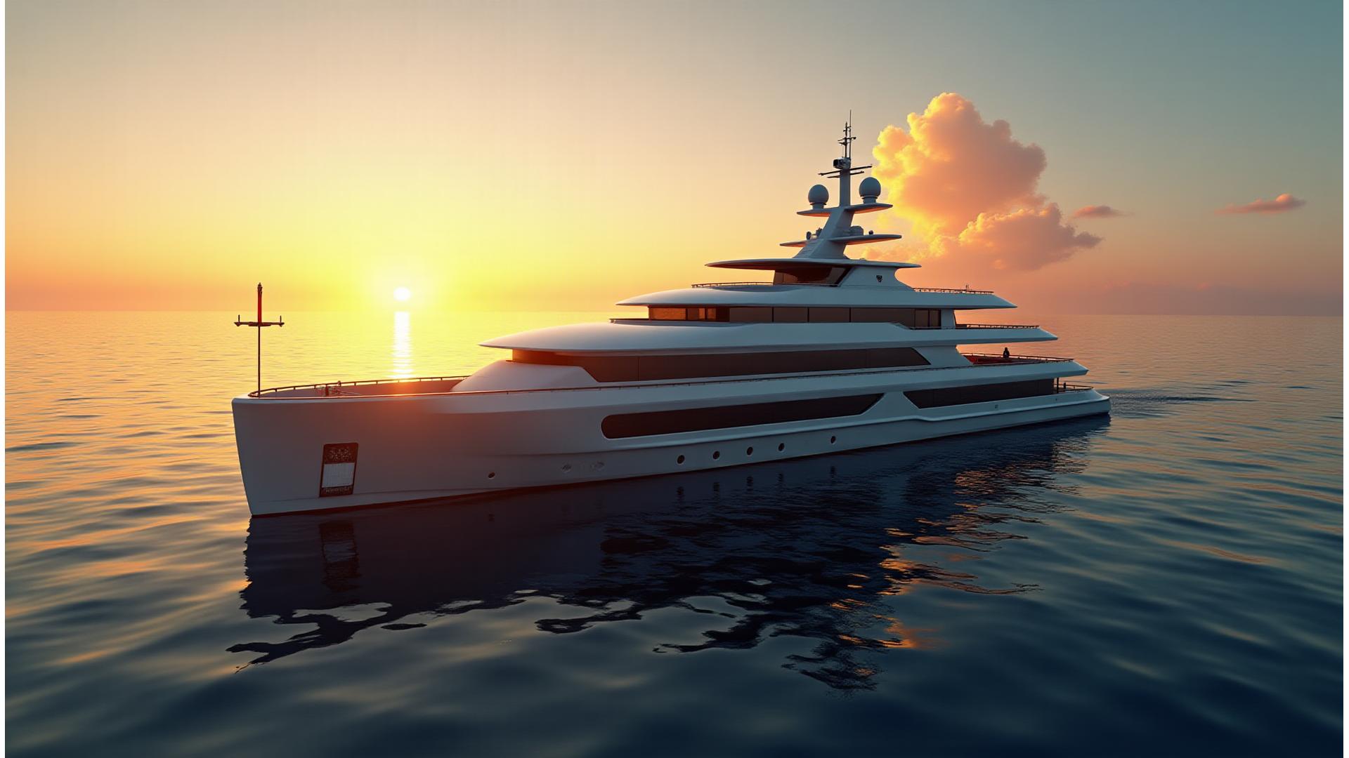 Embarcação de pesquisa com equipamentos de sonar e drones marítimos avançados navegando em águas azuis, ao nascer do sol, simbolizando a inovação e o futuro da tecnologia marítima.