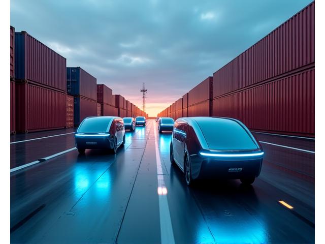 Veículos guiados automatizados (AGVs) de cor metálica, movimentando contentores em um terminal portuário moderno e automatizado ao entardecer.