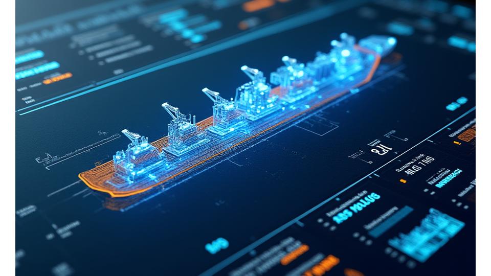 Interface de dashboard interativo exibindo gráficos de previsão de tráfego portuário e otimização de berços em um mapa dinâmico de um porto.