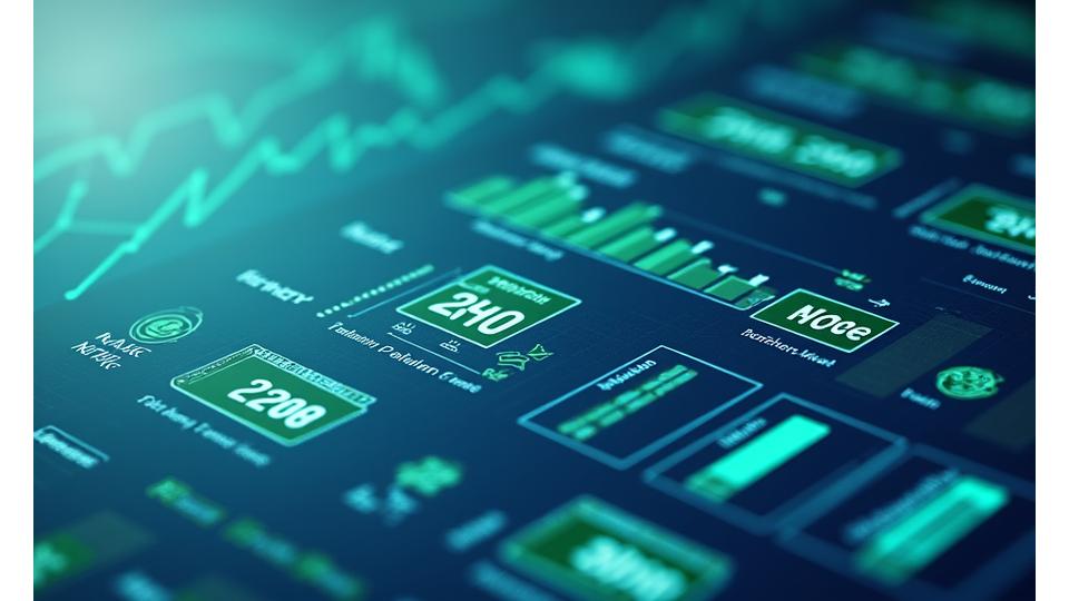 Painel de controlo digital exibindo gráficos e métricas de sustentabilidade para um porto verde, incluindo qualidade do ar, consumo de energia e emissões de carbono, com cores verdes suaves.