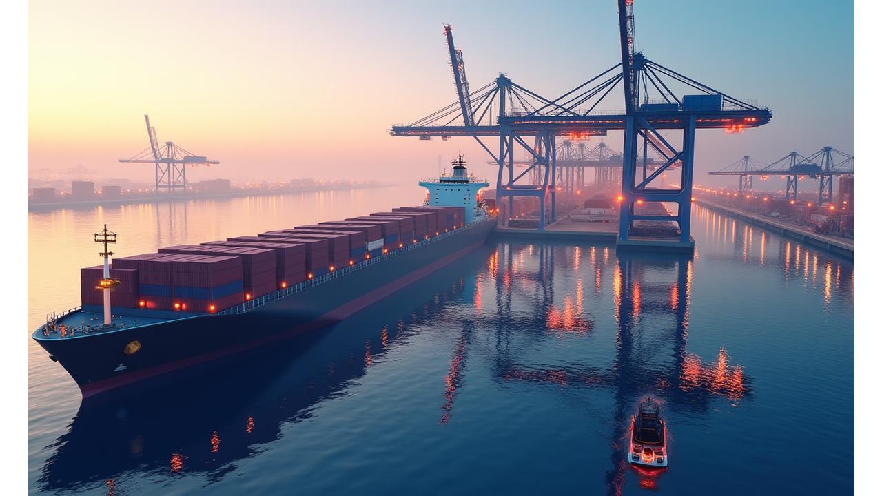 Visualização 3D de um porto inteligente futurista com sensores IoT, guindastes autônomos e navios de carga. Métricas de eficiência superpostas em tempo real.