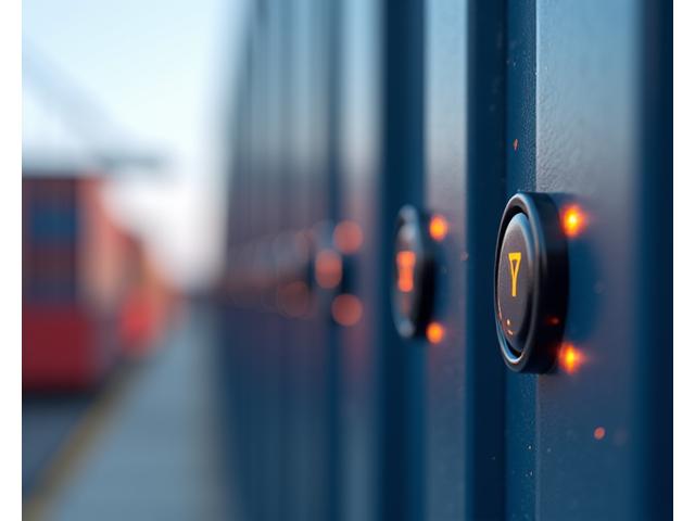 Dispositivos IoT compactos acoplados a contentores de transporte marítimo, exibindo dados de localização e status em tempo real via uma interface digital.