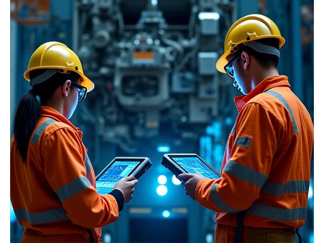 Técnicos especializados utilizando tablets para monitorizar gráficos de desempenho e dados de sensores em grandes motores de equipamentos portuários.