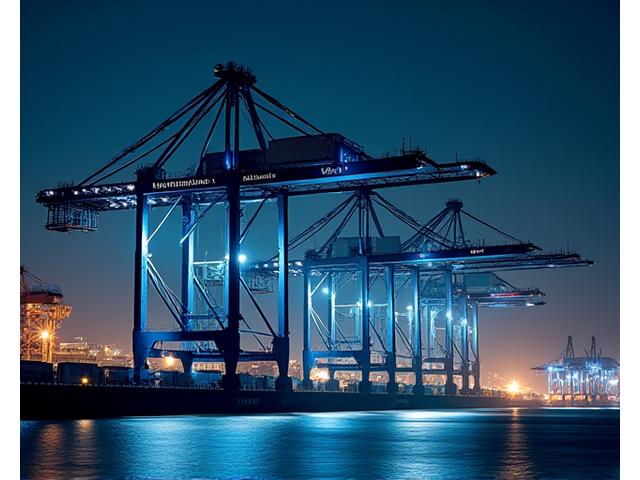 Guindastes portuários gigantes com iluminação LED azul, erguendo contentores de transporte com precisão milimétrica, num ambiente portuário noturno.