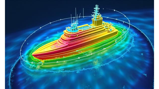 Simulação de fluído computacional mostrando o fluxo de água ao redor de um casco de navio otimizado