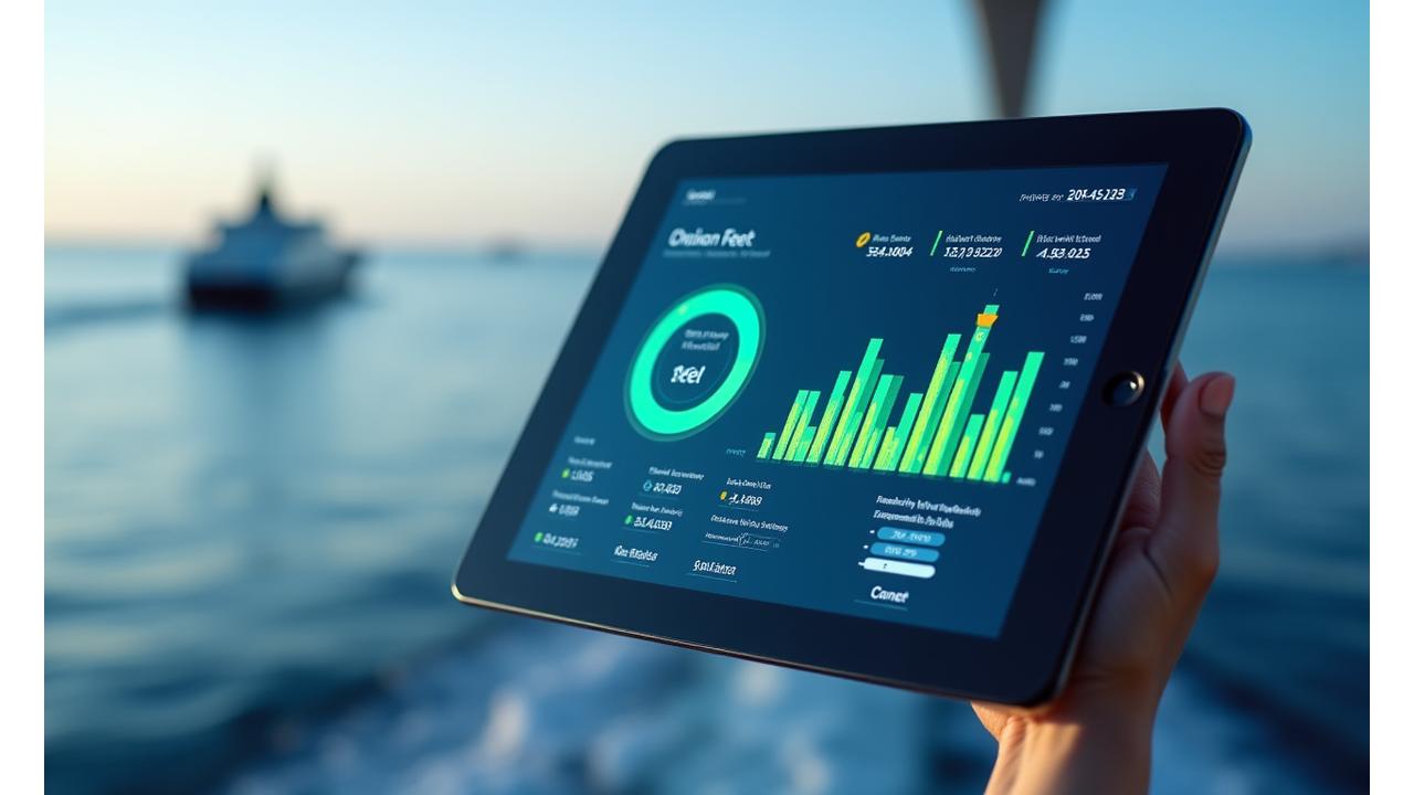 Interface de um aplicativo de otimização de frota com gráficos de economia de combustível