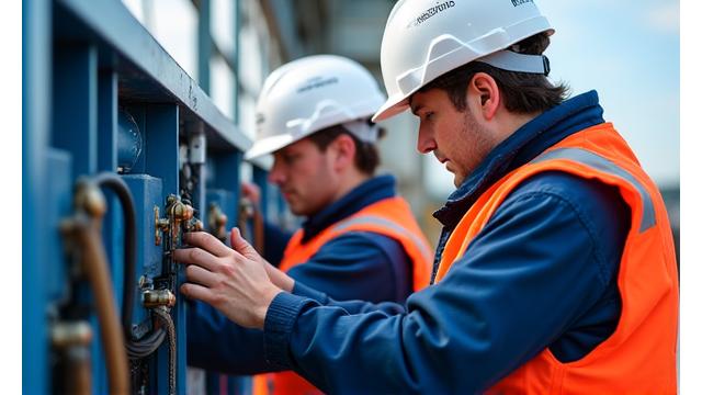 Técnicos realizando manutenção e instalação de novos equipamentos em uma embarcação