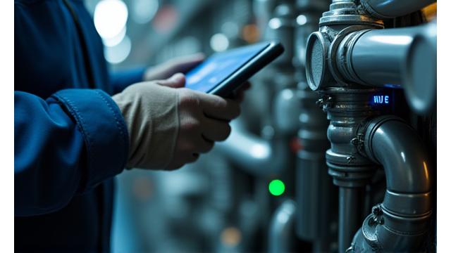 Sensores IoT instalados no motor de um navio, com interface de dados em tablet