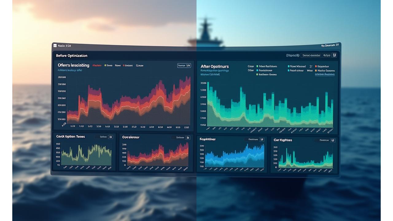 Comparação visual de gráficos de desempenho de navio antes e depois da otimização, mostrando economia de combustível e tempo