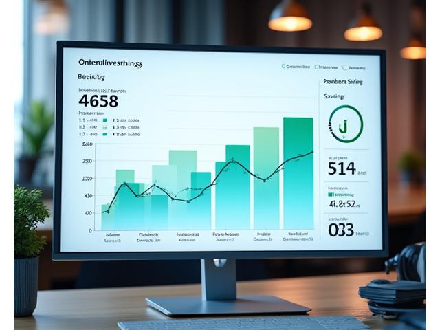 Dashboard financeiro com gráficos de barras verdes e azuis, exibindo ROI e economia de custos