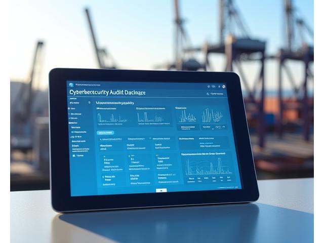 Um tablet digital exibindo um painel de auditoria de segurança cibernética com gráficos e dados, com um fundo desfocado de um porto movimentado ou um navio de carga, combinando tecnologia e o ambiente marítimo.