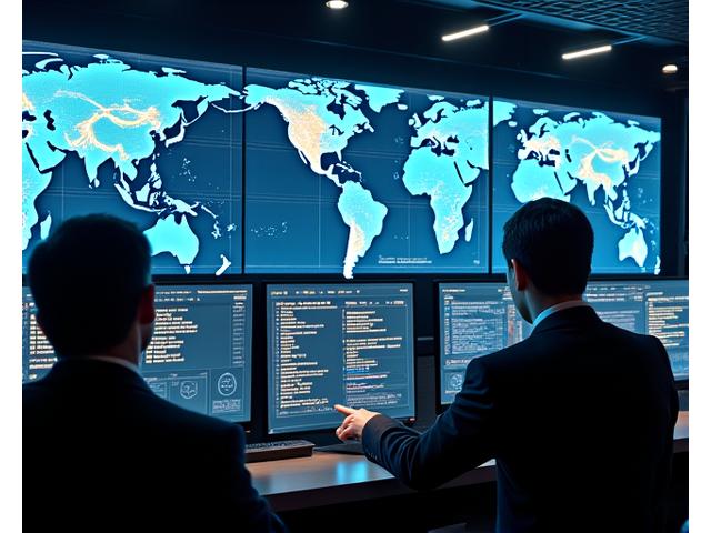 Uma equipe de segurança cibernética em um centro de comando com grandes telas exibindo mapas marítimos e dados de ameaças em tempo real, com a equipe em alerta e focada, em um ambiente de luz baixa azulada.