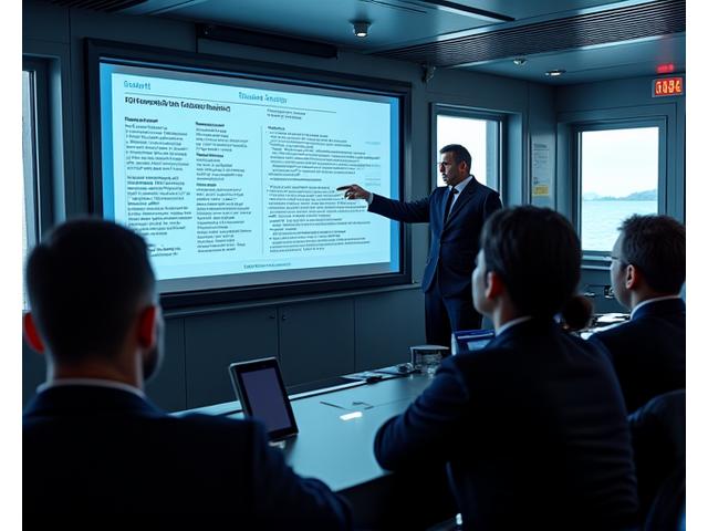 Tripulação de navio em sala de aula assistindo a uma apresentação sobre cibersegurança marítima, com um instrutor apontando para um gráfico de riscos digitais em uma tela, atmosfera de aprendizado séria e focada.