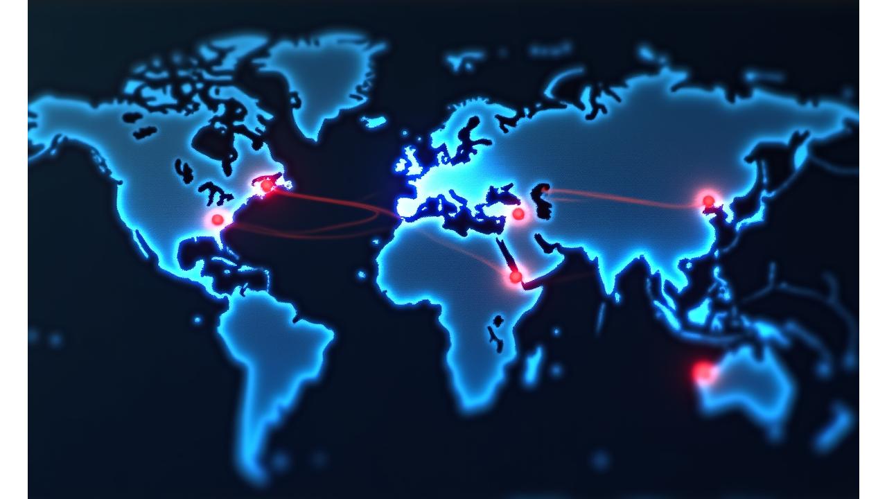 Visualização abstrata de uma rede de dados marítima sob ataque, com elementos de segurança digital a protegê-la. Contém um mapa-múndi estilizado com rotas marítimas iluminadas e pontos de ataque cibernéticos em vermelho, defendidos por escudos azuis digitais.