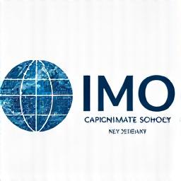 Logotipo estilizado da IMO (International Maritime Organization) com um distintivo de segurança cibernética e um selo de aprovação digital.