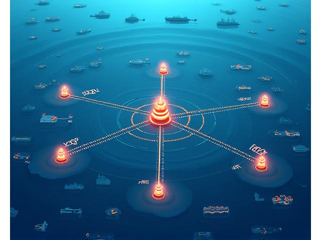 Diagrama de uma rede IoT marítima com sensores subaquáticos e de superfície, alguns com ícones de vulnerabilidade, destacando pontos fracos em sistemas de navios e equipamentos remotos.