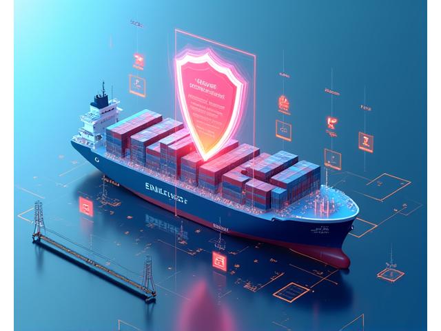 Diagrama conceitual de camadas de segurança digital protegendo um navio e uma instalação portuária, com ícones de firewall, antivírus, monitoramento e resposta a incidentes, usando um esquema de cores azul e laranja.