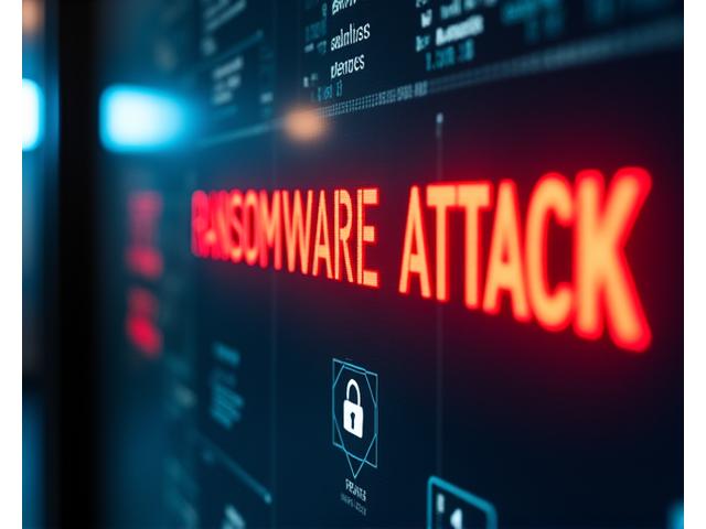 Um painel de controle digital de um porto com uma mensagem de ransomware piscando em vermelho, simbolizando o impacto em operações logísticas e terminais.