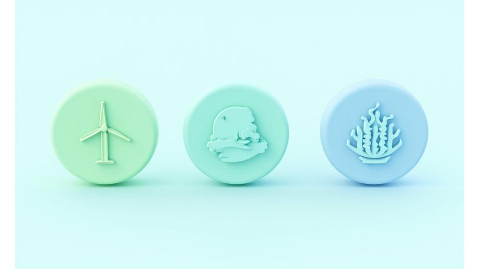 Representação gráfica de compromissos ESG da Navegante, com ícones de energia renovável, proteção marinha e comunidades