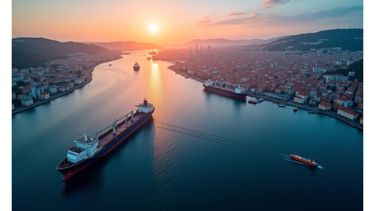 Vista aérea do porto do Porto ao amanhecer, realçando a atividade marítima e a infraestrutura tecnológica