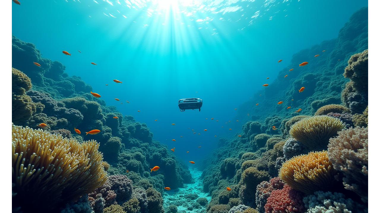 Mergulhador monitorizando recifes de coral saudáveis, com tecnologia de sensor subaquática ao fundo