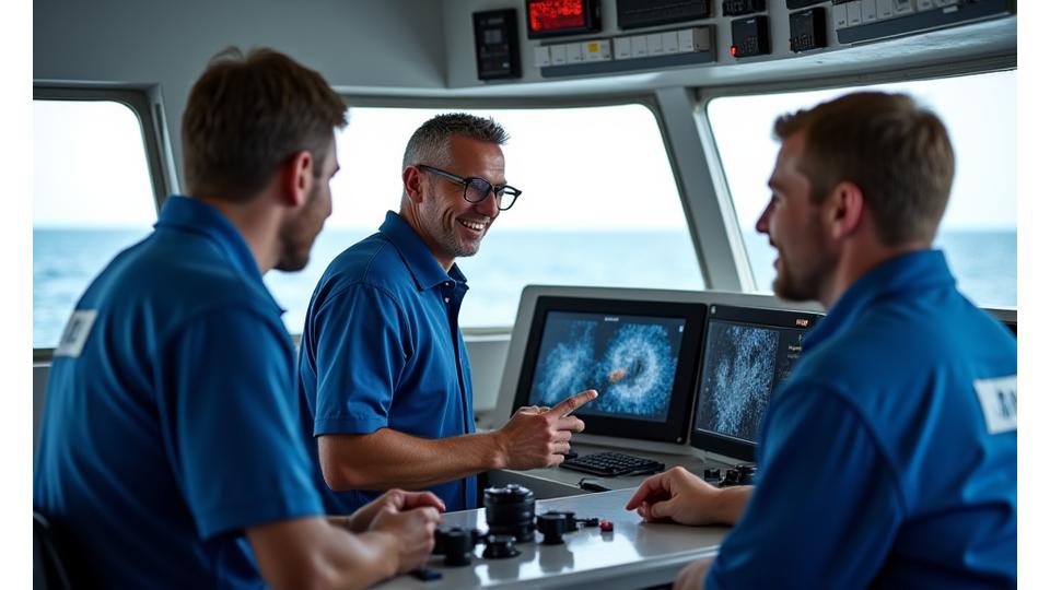 Equipa de formação da Navegante a bordo de um navio com a tripulação