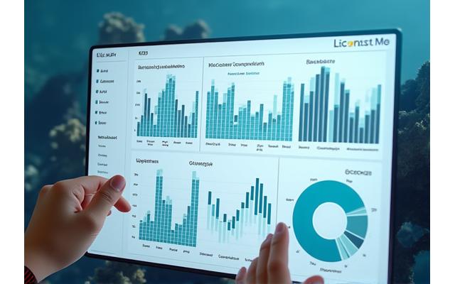 Dashboard com gráficos e métricas de biodiversidade, qualidade da água e carbono azul