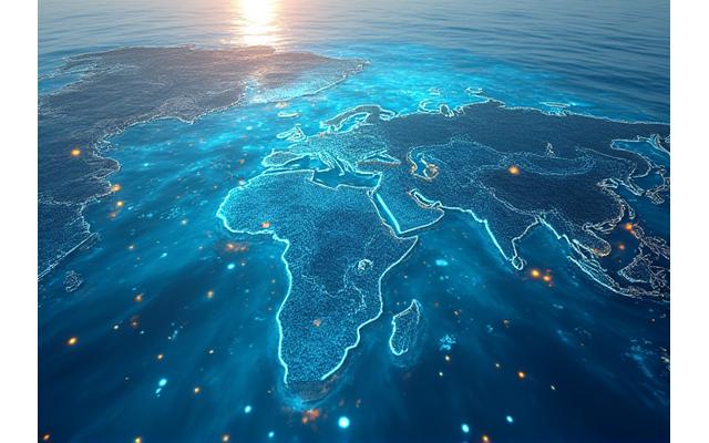 Mapa interativo com pontos de sensores ativos transmitindo dados ambientais em tempo real sobre um oceano azul e límpido