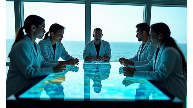 Equipa de cientistas e pesquisadores a colaborar em laboratório olhando para dados numa tela